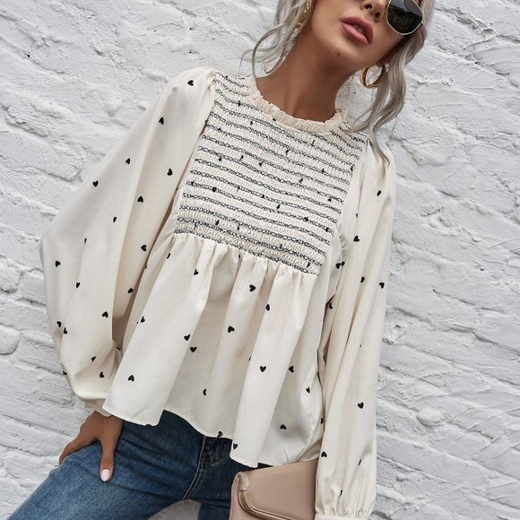 Beige Casual Womens Heart Print Shirred Peplum Blouse - Picture 4 of 5